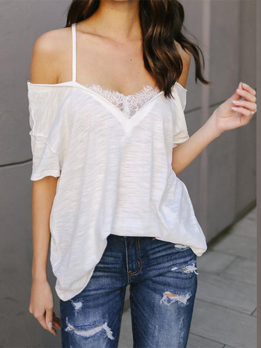 Spaghetti Straps Short Sleeve Lace Patchwork T-Shirts