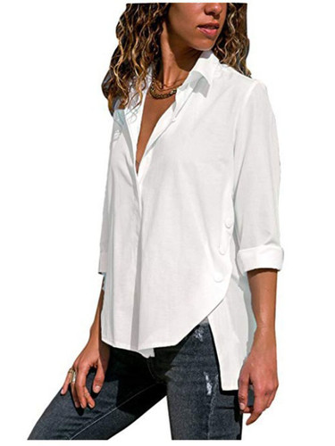 Turn Down Collar Asymmetric Hem Plain Blouses