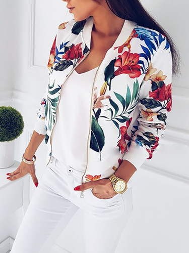 Fashion Floral Printed Zipper Baseball Jacket Coat