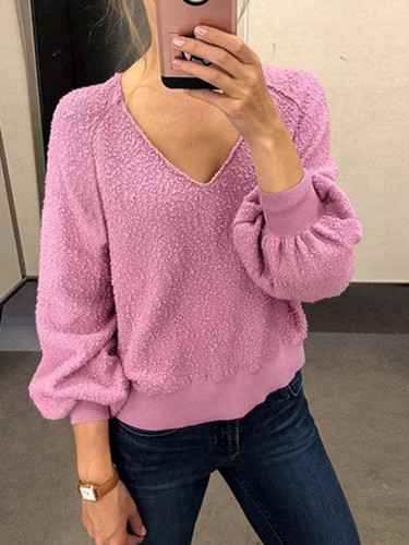V Neck Plain Long Sleeve Knitting Sweaters