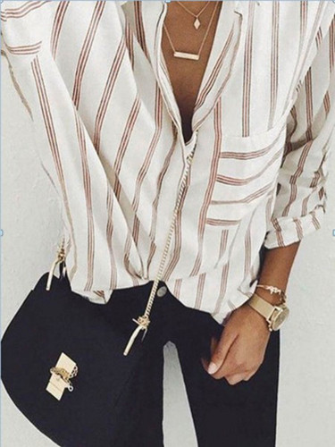 Turn Down Collar Striped Blouses
