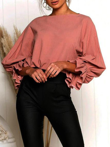 Long Sleeve Plain Casual Round Neck Blouse