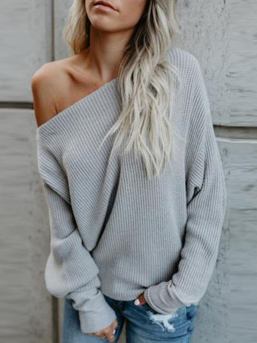 One Shoulder Plain Batwing Sleeve Loose Sweaters