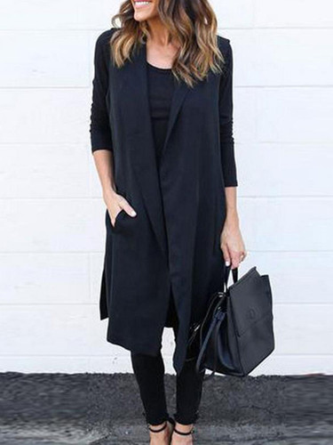Fold Over Collar Patchwork Belt Plain Trench Coat