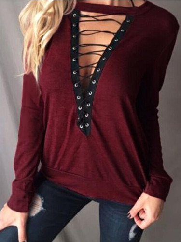 Long Sleeve Plain V neck Casual T-Shirt