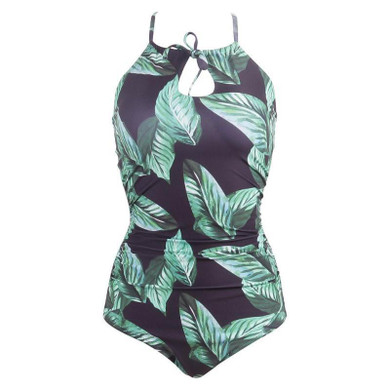 Claire - Green Leaf Lace Up Back Black One Piece Swimsuit Claire - Green Leaf Lace Up Back Black One Piece Swimsuit