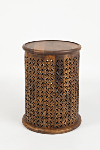 Wooden Intricate Filigree Cutout Pattern Drum Table, Brown