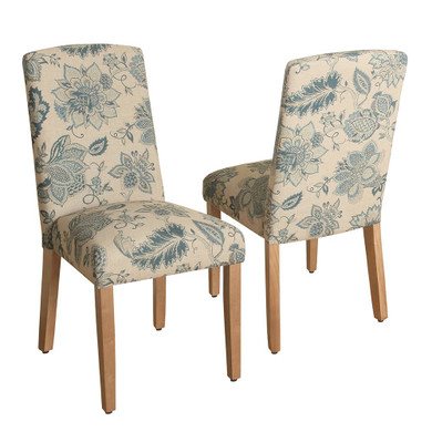 Wooden Dining Chairs with Floral Patterned Fabric Upholstered Seating, Beige and Blue, Set of Two Wooden Dining Chairs with Floral Patterned Fabric Upholstered Seating, Beige and Blue, Set of Two