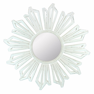 Sun Burst Pattern Wooden Framed Mirror, White