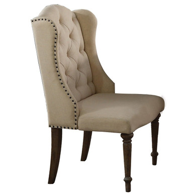 Oak Veneer & Fabric Arm Chair With Nail Head Trims, Set of 2, Brown