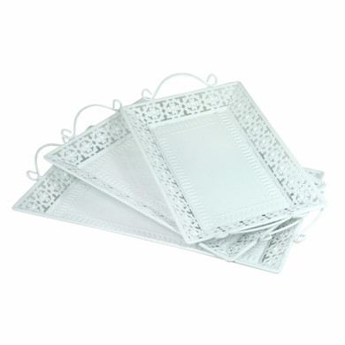 Metal Tray With Handle, Set Of 3, White