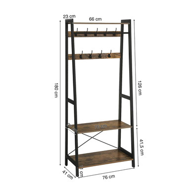 Iron Framed Coat Rack with Two Storage Shelves and Hanging Rail, Brown and Black