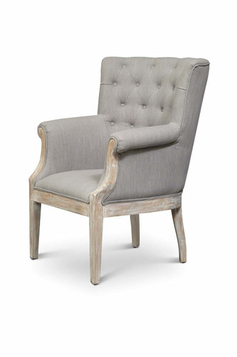 Fabric Upholstered Wooden Accent Chair With Button Tufted Back, Gray and Brown