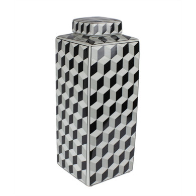 decorative Patterned Ceramic Covered Jar, Black And White