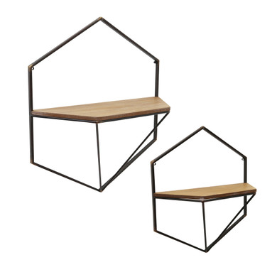 Decorative  Metal and Wooden Wall Shelves, Brown and Black, Set of Two