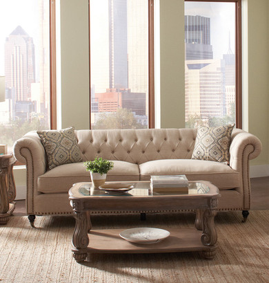 Contemporary Fabric & Wood Sofa With Accent Pillows, Beige and Brown