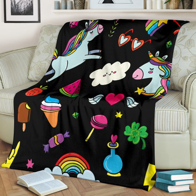 Black Girly Unicorn Pattern Print Blanket KTSR