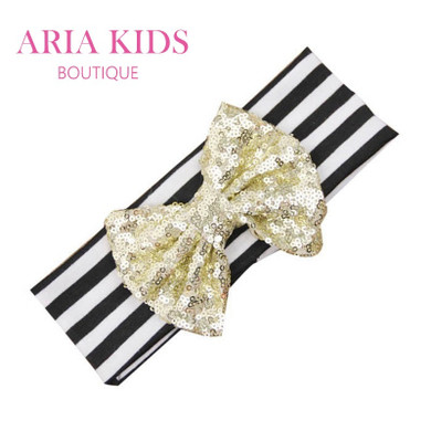 Black Stripes/Gold Sequin Baby Bow Headband