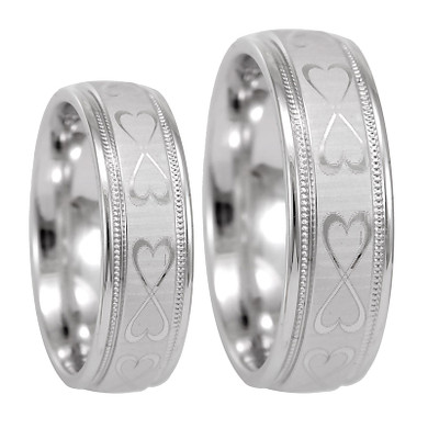 Men's 14K White Gold Double Heart with Milgrain Wedding Band, Shiny Wedding Ring, Comfort Fit Promise Ring, Milgrain Wedding Band