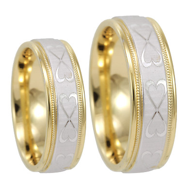 Men's 14K Two Tone Gold Double Heart Wedding Band, Shiny Wedding Ring, Comfort Fit Promise Ring, Milgrain Wedding Band
