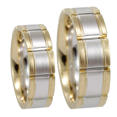 Men's 14K Yellow and White Gold Comfort Fit Band with vertical groove lines, 14K Yellow and White Gold Wedding Band