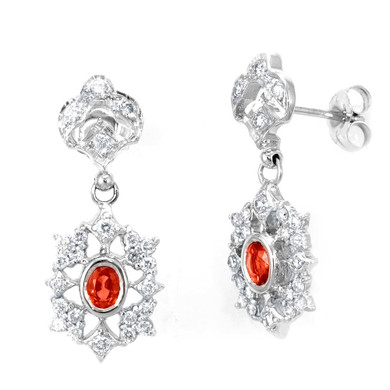 14K White Gold Dangling Earrings with Diamond and Orange Sapphires