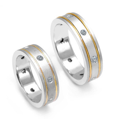 Ladies 14K Two Tone Wedding Band with Bezel Set Round Diamonds