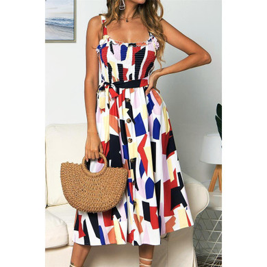 Sling Ruffled Sunflower Printed Button Dress