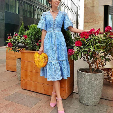 Casual V-neck Hollowed-out Date Dress