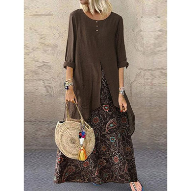 Vintage Print Patchwork Pocket Loose Maxi Dress