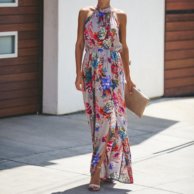 Elegant Halter Neck Printed Maxi Dress