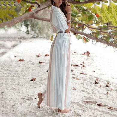 Fashion Stripe V Neck Vacation Maxi Dress