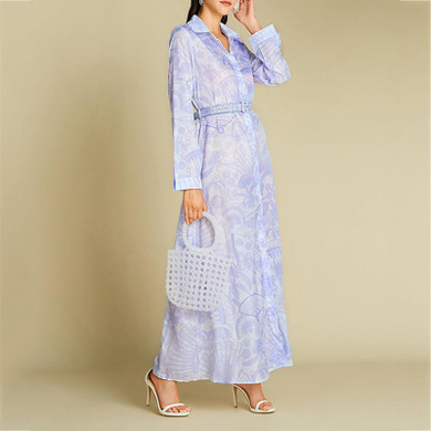 Elegant Print Long Sleeve Lapel Maxi Women Dress