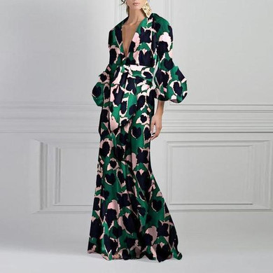 Vintage Printed V-Neck Fashion Maxi Dress