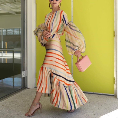 Striped Stitching Lantern Sleeve Dress
