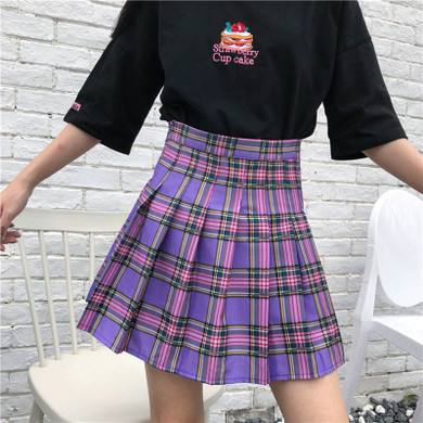 New School Skirts Harajuku Purple Plaid High Waist Pleated Skirt Female Cute Mini Women Skirt Preppy Style Summer Skirt