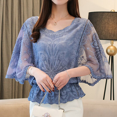 2019 New  Summer Fashion Woman Blouses Chiffon Blouse Cotton Edge Lace Blouses Shirt Butterfly Flower Women Shirt Tops
