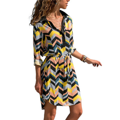2020 Summer Boho Beach Dresses Women Casual Striped Print A-line Mini Party Dress Vestidos Long Sleeve Shirt Dress
