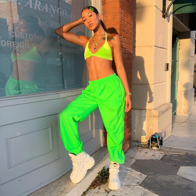 Neon Green Pants Women Summer Streetwear Casual Elastic Waist Trousers High Waist Pants