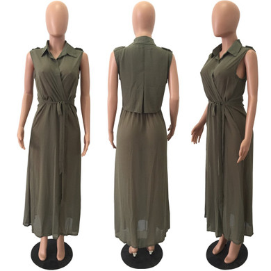 Sexy Solid Color Sleeveless Long Shirt Maxi Dress