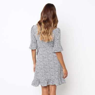Summer Dress 2019 Women Polka Dot Boho Ruffle Short Sleeve Beach Dress Sexy Deep V Neck