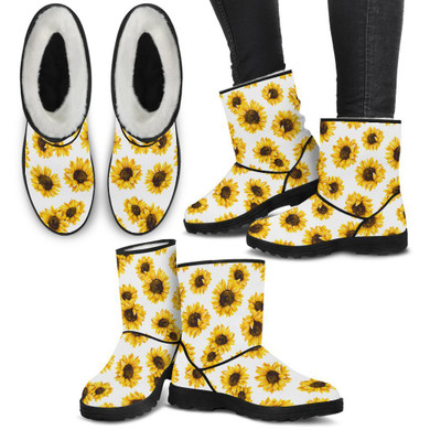 Sunflowers Pattern White Faux Fur Boots