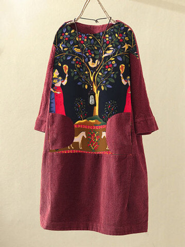 Corduroy Vintage Print Patchwork Pockets Plus Size Dress-Wine Red
