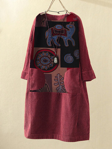 Vintage Print Patchwork Corduroy Plus Size Dress with Pockets-Wine Red