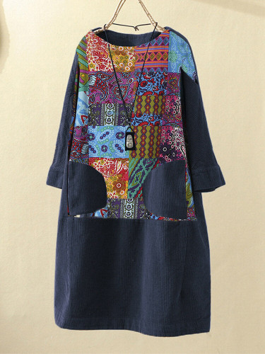 Vintage Ethnic Style Print Patchwork Plus Size Corduroy Dress-Navy