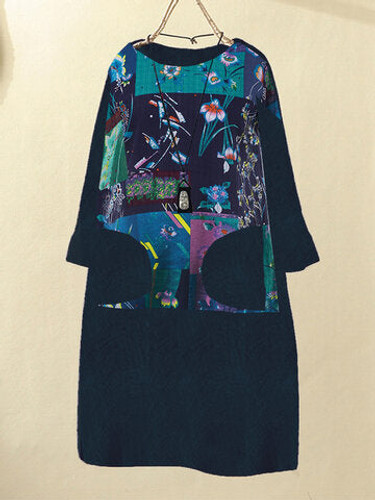 Vintage Corduroy Floral Print Long Sleeve Plus Size Dress with Pockets-Navy
