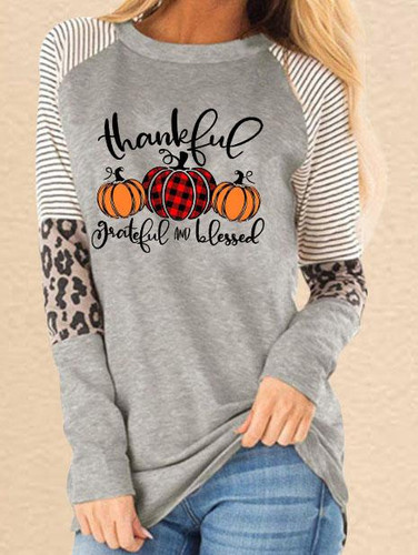 Women Fashion Halloween Thanksgiving Thanksful Grateful And Blessed Printed Leopard Stitching Casual Sweatshirt