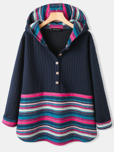 Rainbow Striped Jacquard Patchwork Long Sleeve Hoodie