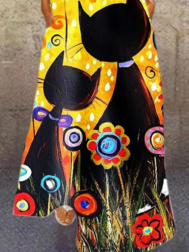 Women Hot Sale Yellow V Neck Printed Casual Animal Dresses