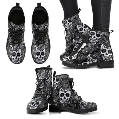 Sugar Skull Black and White Women's Leather Boots Sugar Skull Black and White Women's Leather Boots